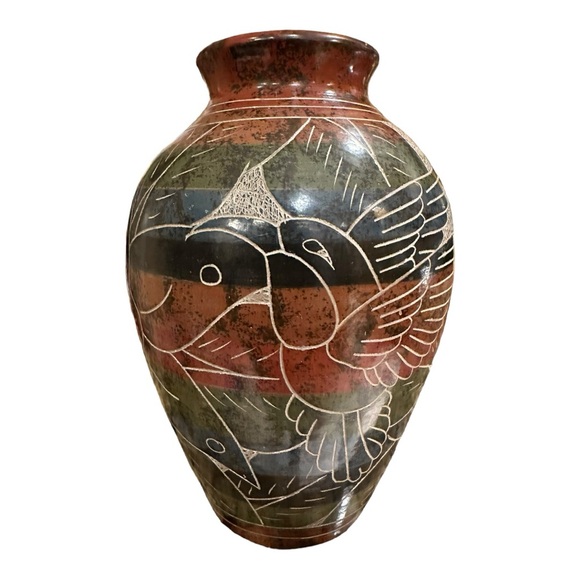 Vintage Nicaragua Carved/Etched Folk Art Pottery Clay Vase Tropical Hummingbird - Picture 3 of 12